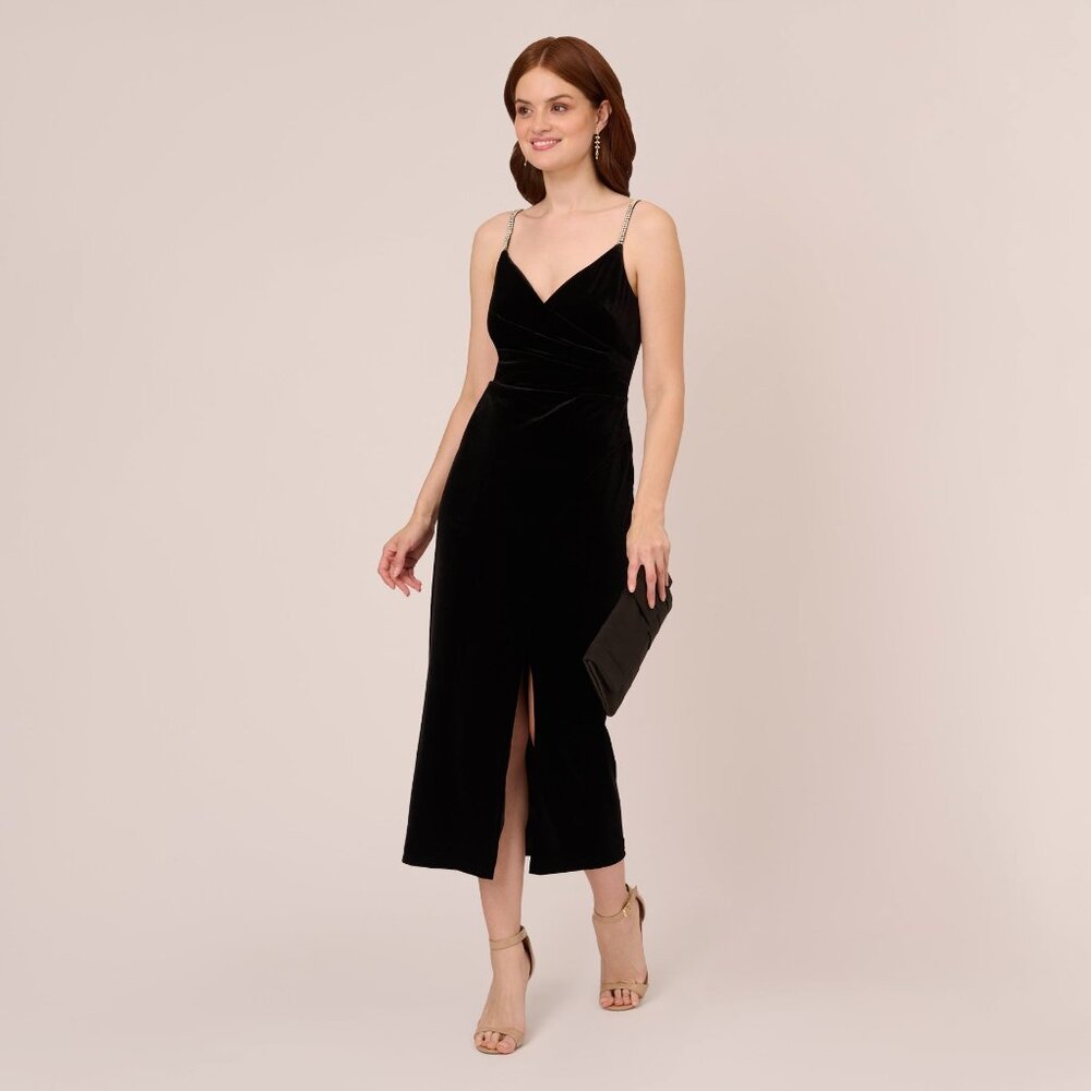 Adrianna Papell Velvet Ankle-Length Wrap Gown With Stone Straps In Black Size 18